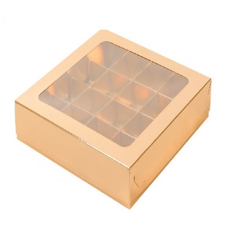 Коробка для конфет на 16шт золото с прозрачной крышкой